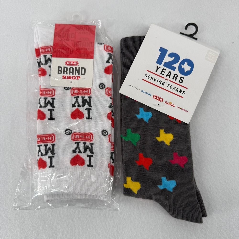 H-E-B Crew Socks Adult Multi-Color Texas 120 Years I Love My HEB 2 Pair Bundle